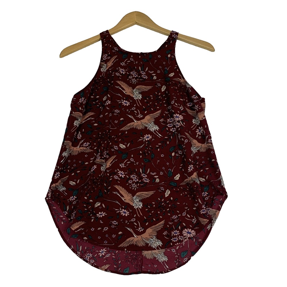 Stradivarius Bird Print Halter Chiffon Blouse Women’s Small Burgundy
